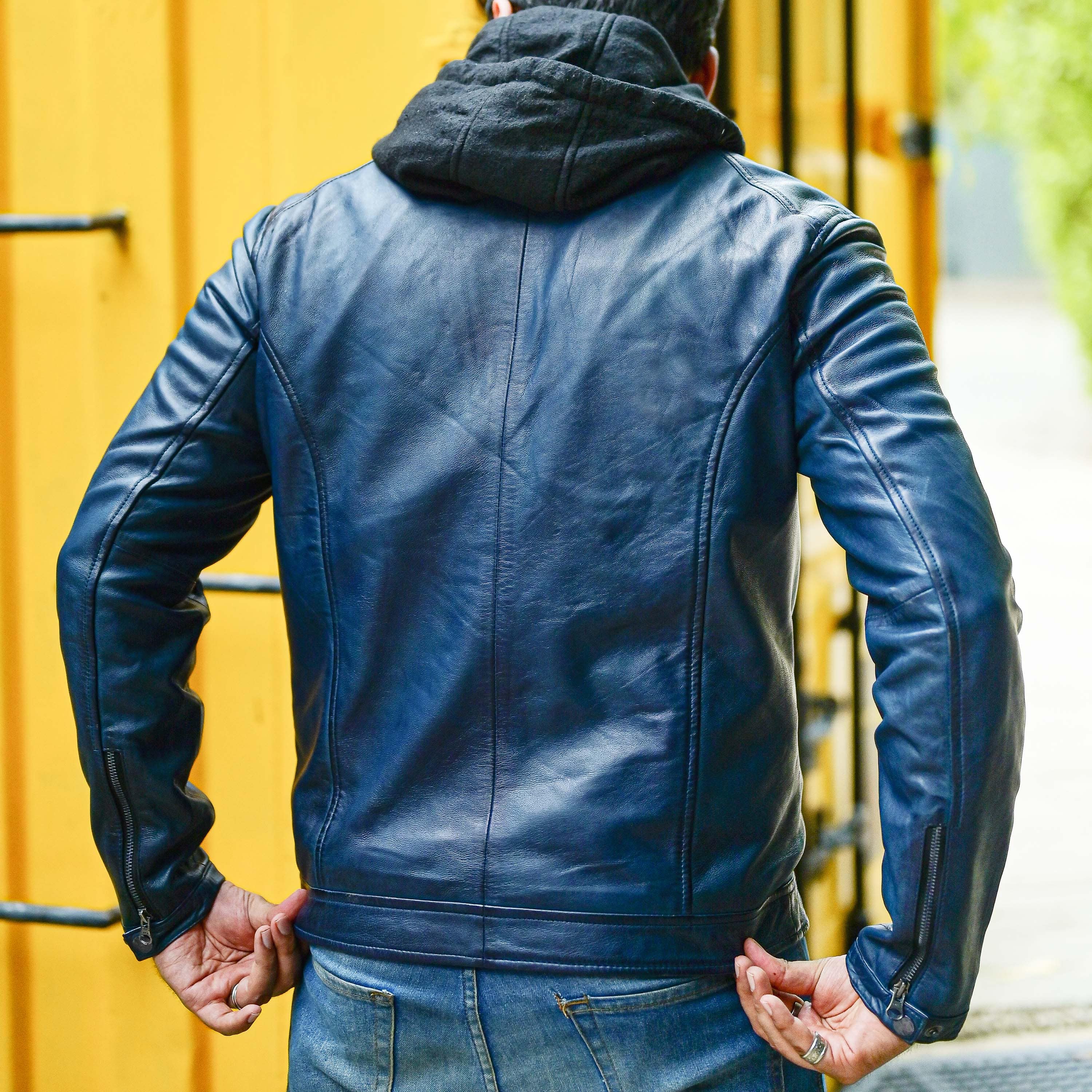 Mens Blue Casual Hooded Vintage Leather Jacket with Removable Hood